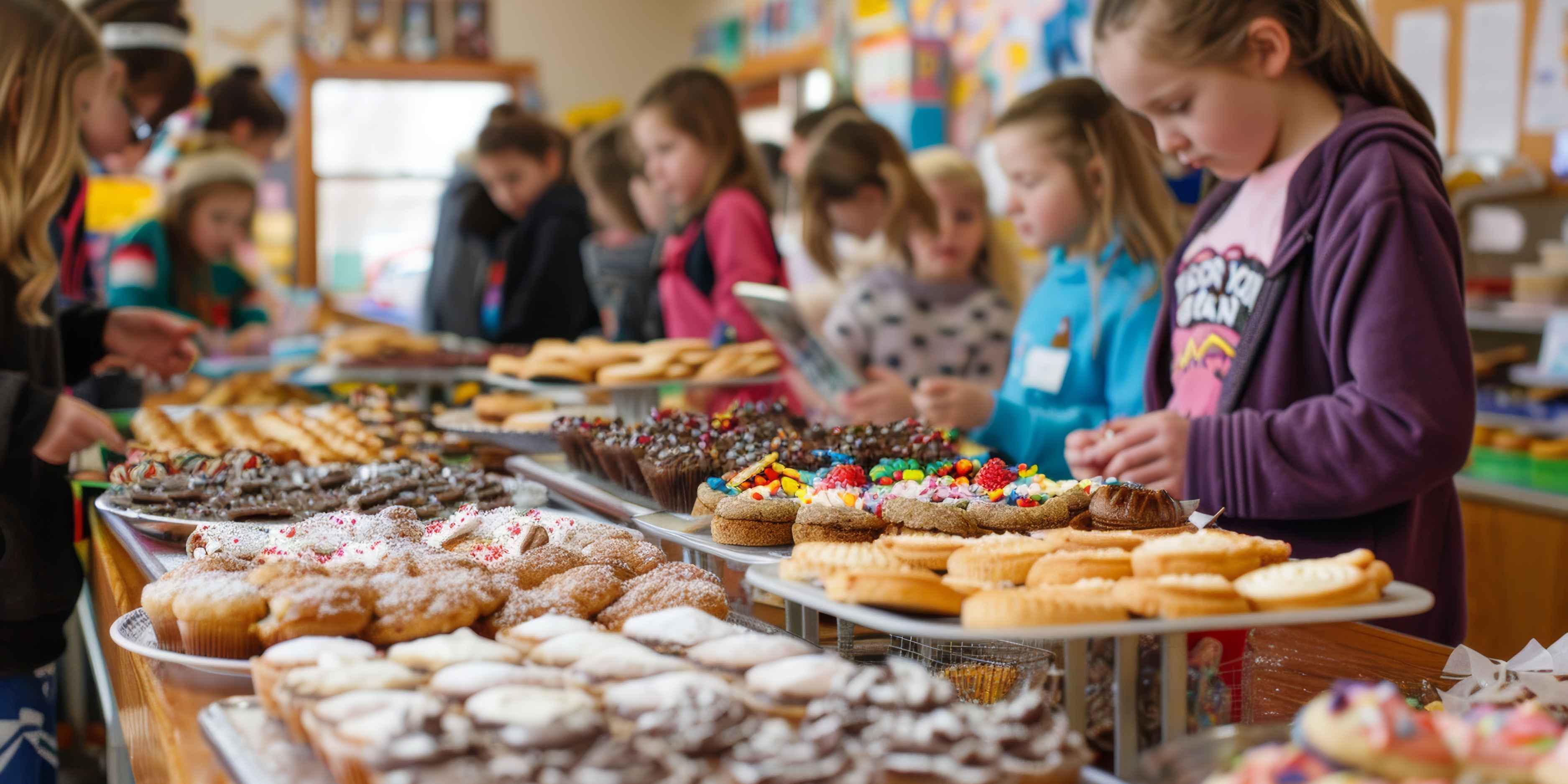 Child selling holiday-themed baked goods at a festive bake sale